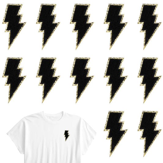 AOZUO Black Lightning Iron-on Patch, 12PCS Gold Edges Embroidered Patches Lightning Bolt Fabric Patches DIY Sew on Flash Appliques for Clothes Hats Bags Jeans Backpacks Decor