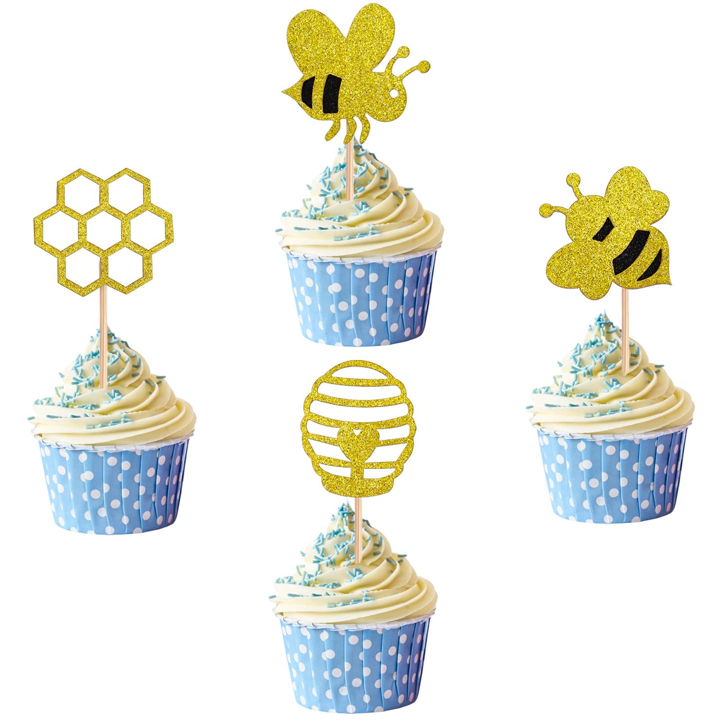 Cobee Bumble Bee Cupcake Toppers, 36pcs Glitter Honey Bee Cake Picks Decorations Reveal Honeycomb Cupcake Baby Bee Gender Reveal Shower Party Cupcake Cake Food Decoration Supplies(Bumble Bee Style)