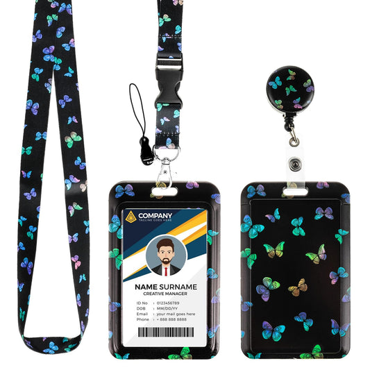 Butterfly Badge Holder with Lanyard, Retractable Badge Reel Clip Key Cruise Ship Cards Lanyard Cute ID Card Holder with Breakaway Lanyard Vertical ID Badge Holder Keychain for Women(Mixed Color)