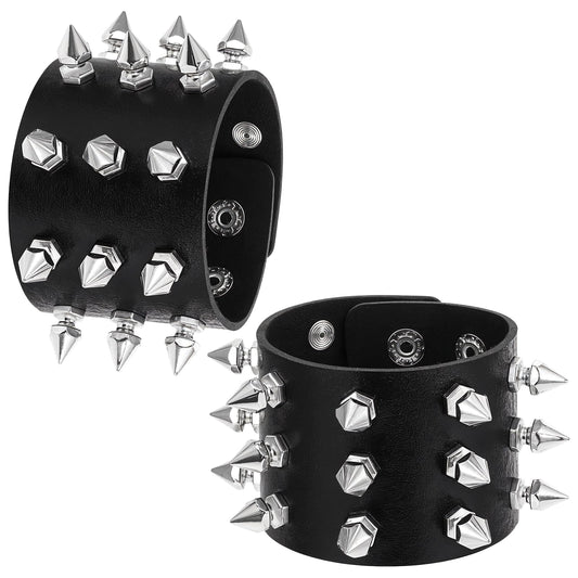 BOHUIZ Set of 2 Rivet Bracelet Rock Punk Bracelet Punk Studded Bracelet Men Women Leather Bracelet Gothic Rivets Leather Bracelet Metal Spike Leather Bracelet for Party Concert Cosplay