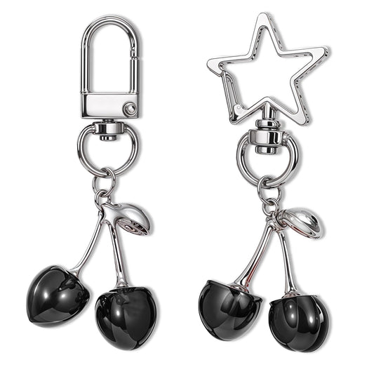 AOZUO 2pcs Cherry Keychain, Aesthetic Y2K Cherry Bag Charm Star Keyring for Women Girl Purse Car Key Hanging Pendant, Black