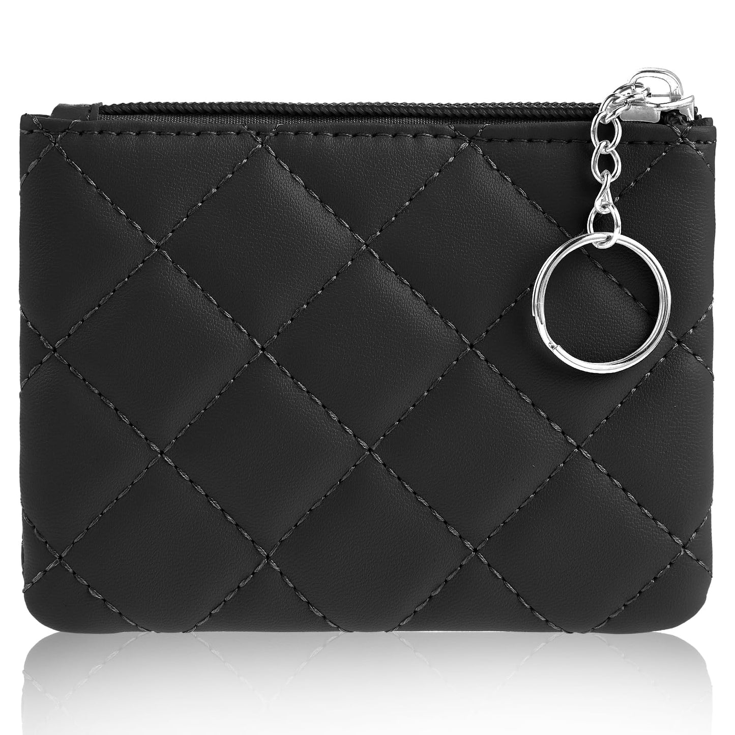 simarro Small Coin Purse for Women, Rhombus Embroidery PU Zipper Coin Purse Portable Change Wallet Short Ladies Coin Purse with Keychain Zipper Coin Pocket for Girl Women Ladies(Black)