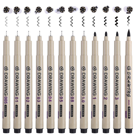 cobee 12 Tips Size Drawing Pens, Black Fineliner Art Pens Waterproof Ink Micro Pen Sketch Pens Anime Pens Calligraphy Pens for Artists Art Supplies Office School Supplies