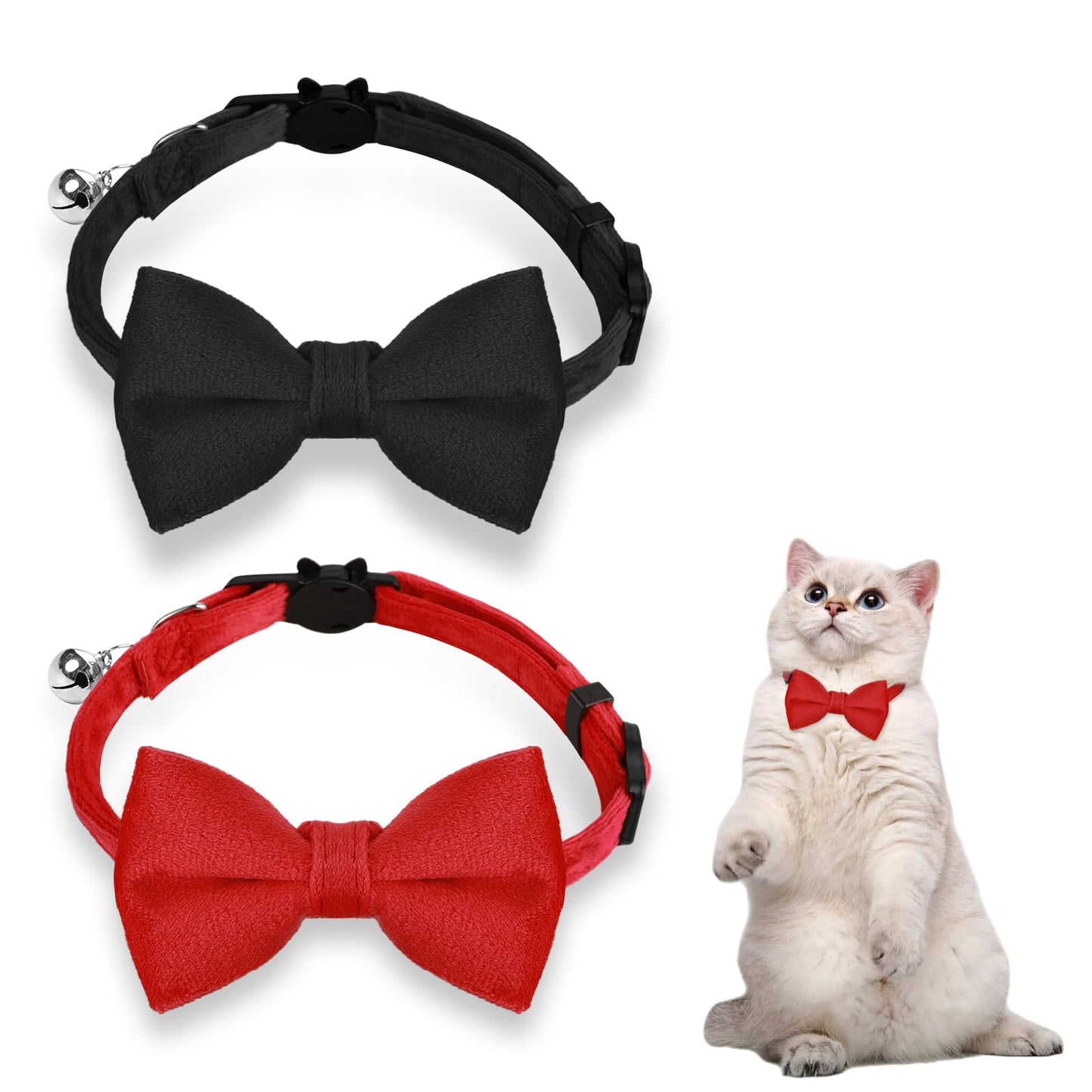 Giantree 2Pcs Breakaway Cat Collars with Bell and Bow, Cute Cat Bow Tie Collar Adjustable Velvet Pet Collar for Pet Kitten Cats and Puppy Graduation Wedding Birthday Pet Party Bowtie Collar(Red+Black)