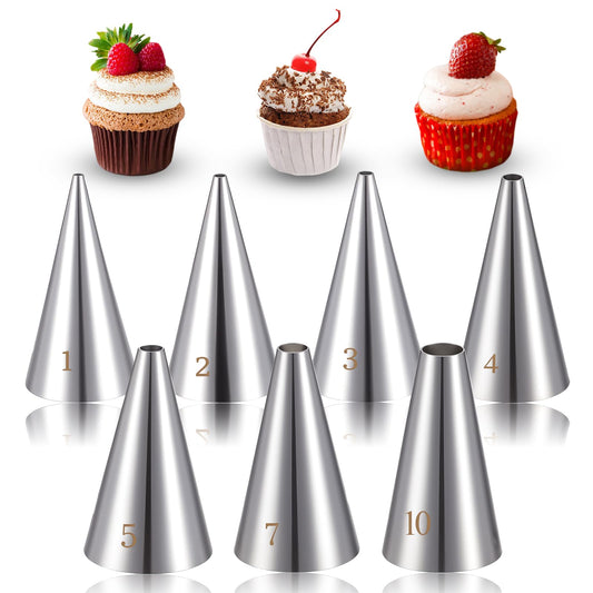 Bewudy 7 Pcs Round Hole Piping Tips Set, Stainless Steel Cupcake Frosting Nozzles Tool Professional Cake Decorating Tool for Baking Cookies Puff Doughnut Cream Bag Filler