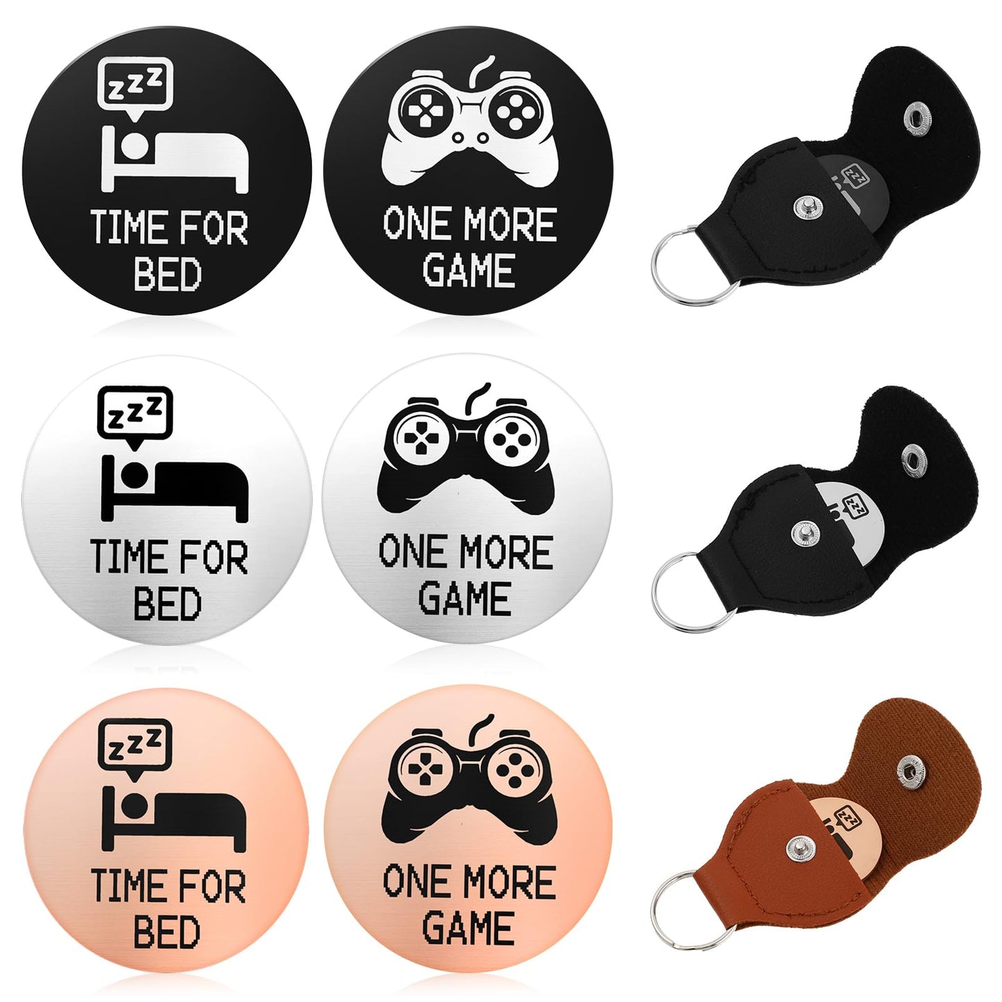 Amaxiu 3pcs Funny Decision Coins - Time for Bed/One More Game, Novelty Decision Maker Coin Leather Pocket Token Stainless Steel Destiny Flip Keychain Gifts for Game Lovers(Rose Gold, Silver, Black)