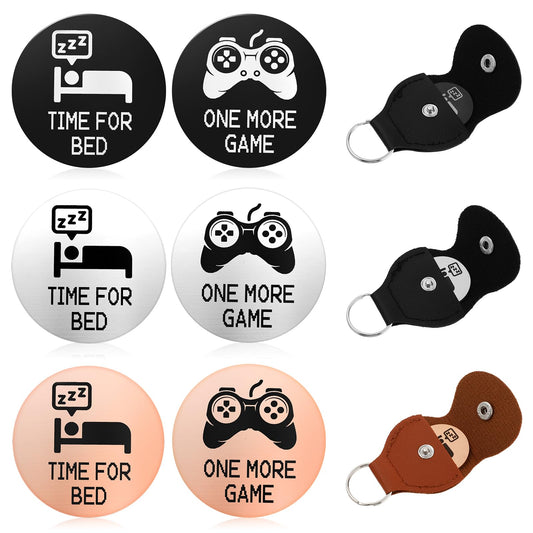Amaxiu 3pcs Funny Decision Coins - Time for Bed/One More Game, Novelty Decision Maker Coin Leather Pocket Token Stainless Steel Destiny Flip Keychain Gifts for Game Lovers(Rose Gold, Silver, Black)