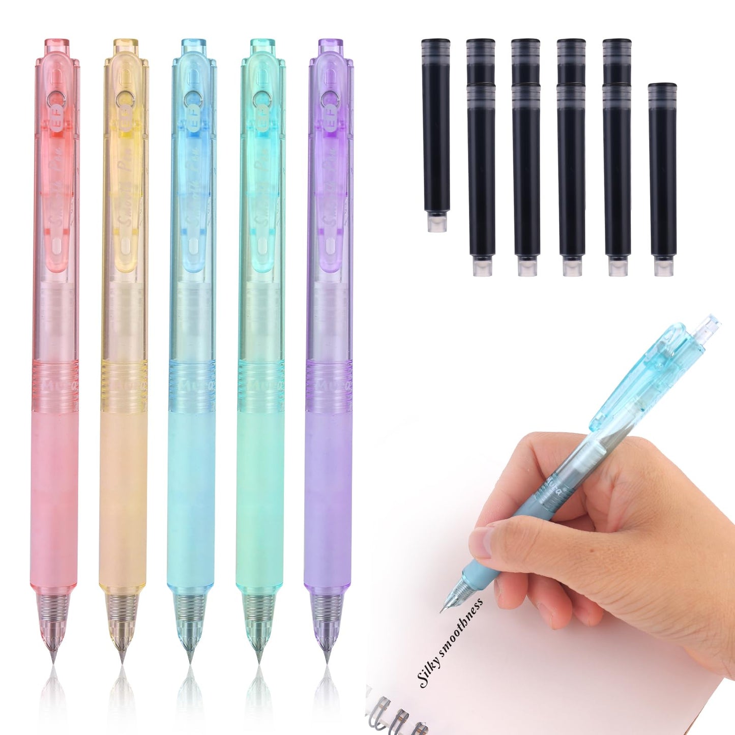 cobee Retractable Fountain Pen Set, 5 Pcs Pastel 0.5mm Fountain Pen with 10 Pcs Black Ink Sac Smooth Writing Pen Aesthetics Extra Fine Point Pen Smooth Writing for Journaling Calligraphy