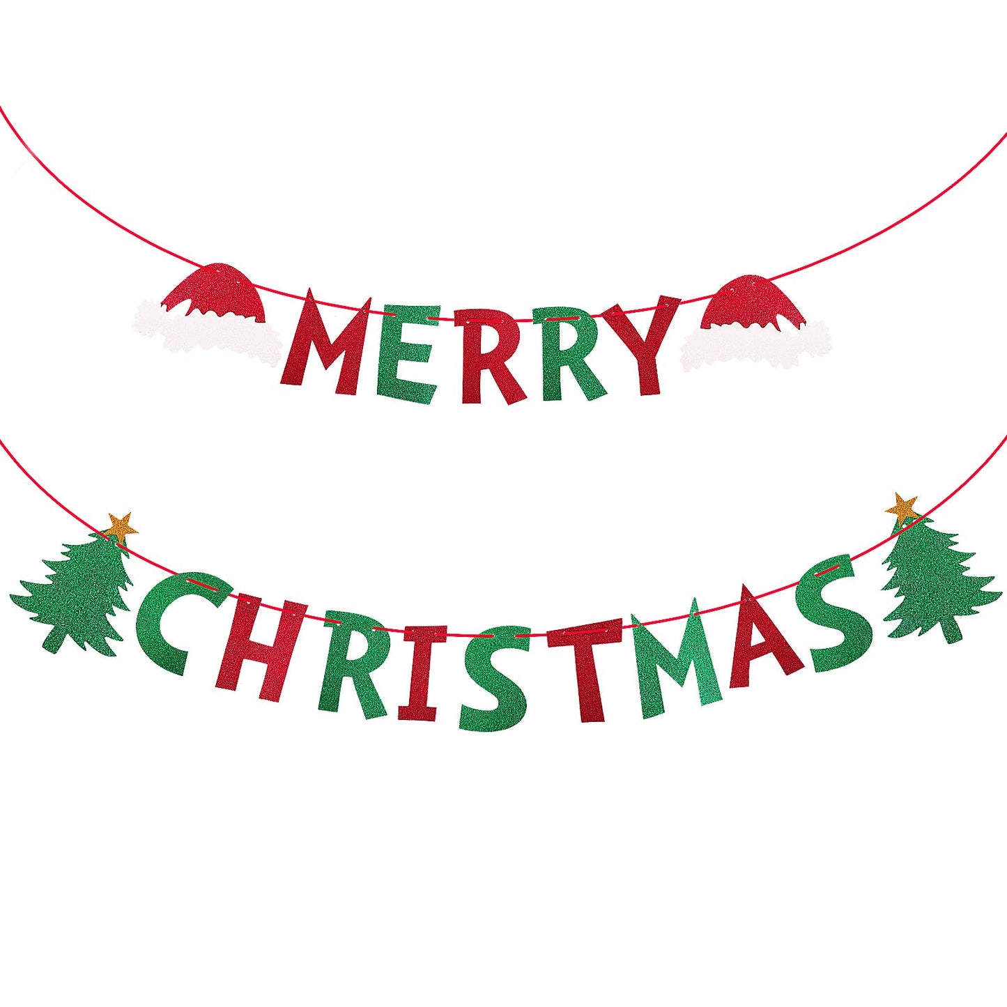 Amaxiu Red Green Merry Christmas Banner, Glitter Christmas Banner Holiday Party Decoration with Xmas Tree Xmas Hat Hanging Ornament for Birthday Party Bunting Pennant Fireplace Mantel Decorations