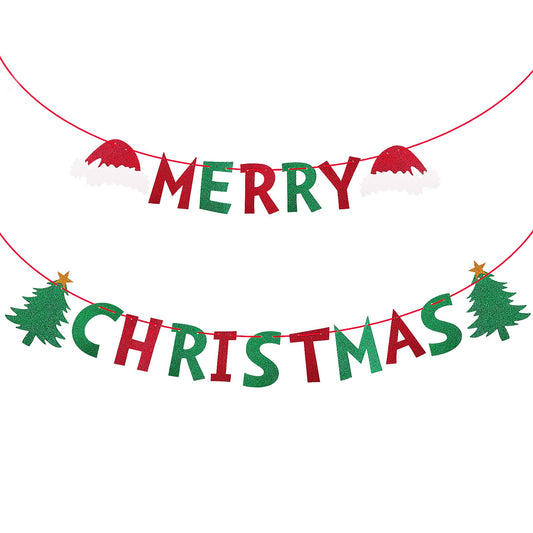 Amaxiu Red Green Merry Christmas Banner, Glitter Christmas Banner Holiday Party Decoration with Xmas Tree Xmas Hat Hanging Ornament for Birthday Party Bunting Pennant Fireplace Mantel Decorations