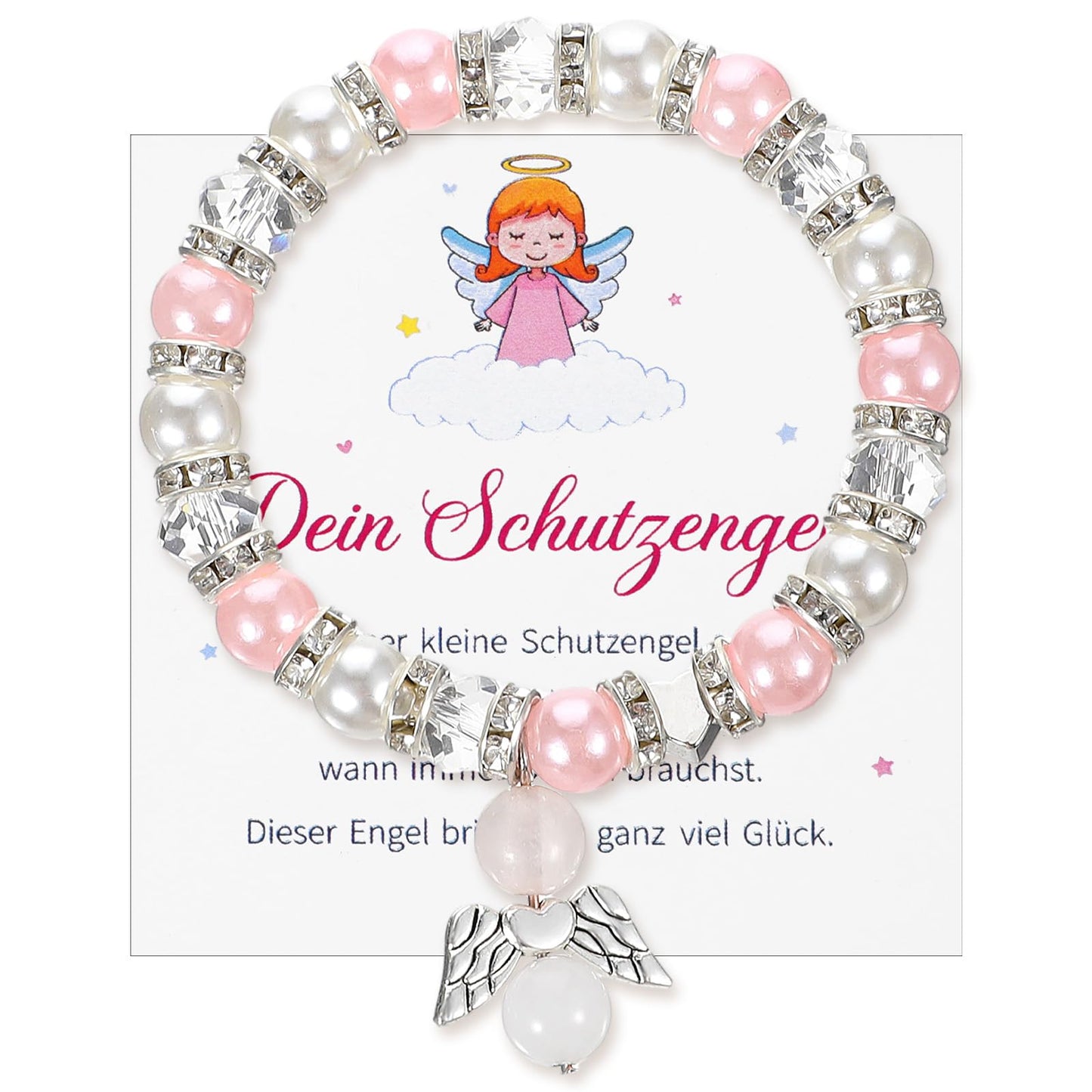 MBAIYO Guardian Angel Bracelet for Girls, Gift for School, Girls, Elastic Pearl Bracelet, School Child Gift Bracelets, Children's Bracelet with Greeting Card