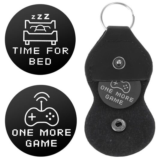 Amaxiu Decision Makers Coins Gifts, One More Game or Go To Bed Pocket Hug Token with Leather Keyring Stainless Steel Flipping Challenge Choice Lucky Novelty Coin for Game Lovers Birthday(Black)