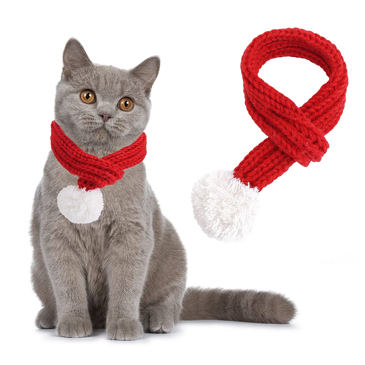 Cobee Christmas Dog Cat Santa Scarf, Dog Winter Knitted Scarf Pet Winter Neck Warmer Costume with White Pompom Ball Party Dressup Xmas Cute Decorate Gift Red (Small)