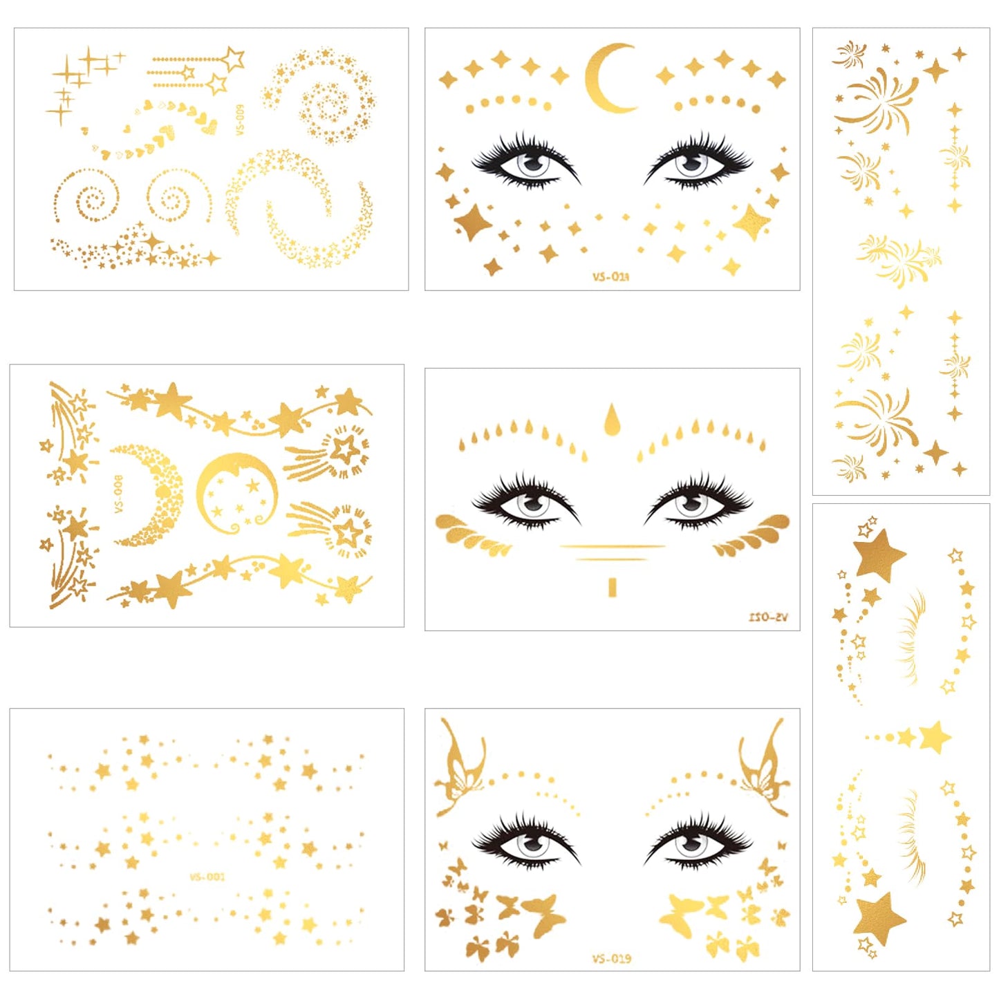 GEEHUA 8 Sheets Face Tattoos Sticker, Glitter Gold Temporary Transfer Tattoo Waterproof Tattoo Freckle Decals Art Arm Body Sticker for Women Makeup Dancer Costume Party Musical Festivals(8 sheets)