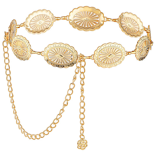 JIEYAO Western Concho Chain Belt, Gold, Zinc Iron Alloy, Adjustable Metal Waist Chain for Women, Country Concert Outfit for Dress, One Size