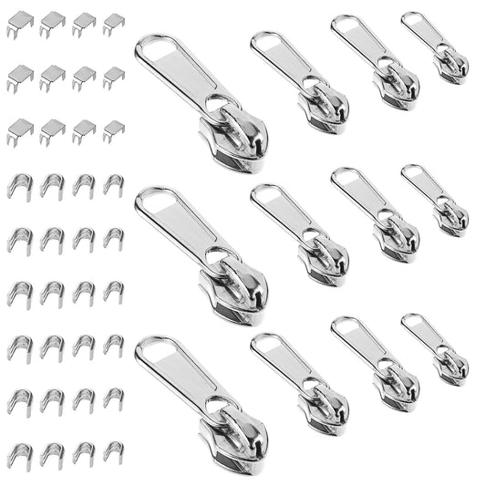 Andibro Zipper Repair Kit, 12 Pcs Thickened Zipper Pulls Replacement Set Removable Nylon Coil Zippers Puller Fixer Zip Sliders Clip Metal Zipper Extension with Bottom Stop&Top Stop#3#5#8#10(Silver)