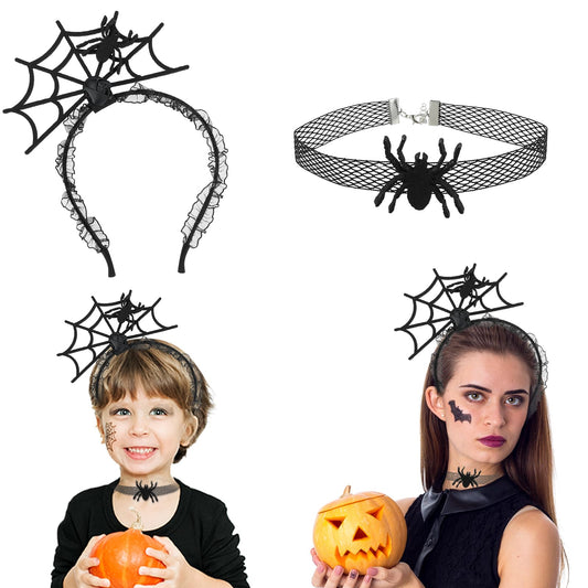 Amaxiu Halloween Spider Headband Necklace Set, Halloween Spider Web Headdress with Spider Necklace for Women Lace Spiderweb Hair Hoop Fancy Headband Dress Cosplay Masquerade Costume Supplies(Style-A)
