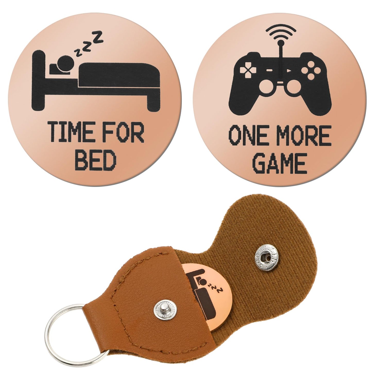 Amaxiu Novelty Gaming Coins, Funny Decision Coins for One More Game or Time for Bed, Double Sided Destiny Flip Coins Pocket Hug Token Leather Keychain Coin Gift for Game Lovers(Rose Gold)