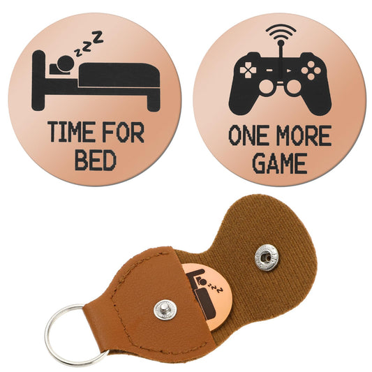 Amaxiu Novelty Gaming Coins, Funny Decision Coins for One More Game or Time for Bed, Double Sided Destiny Flip Coins Pocket Hug Token Leather Keychain Coin Gift for Game Lovers(Rose Gold)