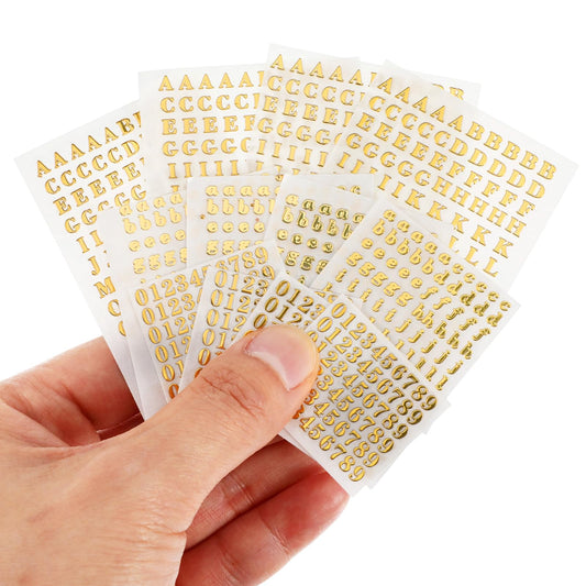 LXUEJIE 12 Sheets Small Letter Stickers, 3 Sizes Mini Alphabet Number Stickers 3D Self-Adhesive Mini Letter Nail Sticker Glitter Alloy Decals for Scrapbooking Nail Art Epoxy Resin Crafts(Gold)