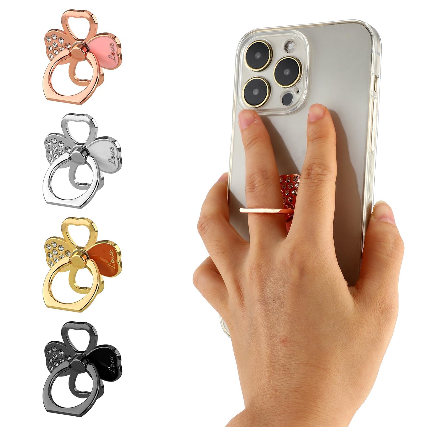 cobee Flower Phone Ring Holder, 4PCS 360° Rotation Phone Ring Grip Diamond Phone Kickstand Adjustable Rhinestones Finger Phone Grips Compatible with Smartphone Mobile Phone Case