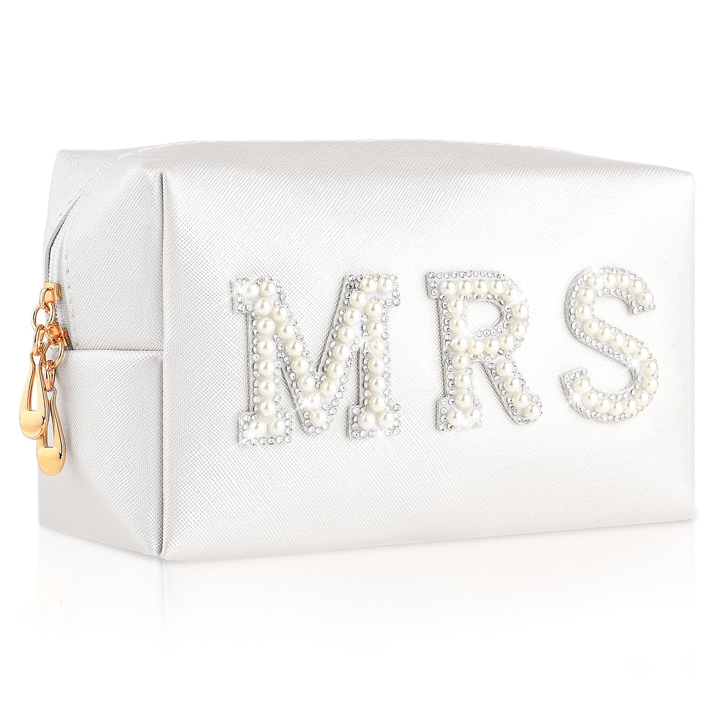 Andibro Bride Patch MRS Letter Makeup Bag, Varsity Letter Cosmetic Toiletry Bag White Pearl Rhinestone Travel Make-Up Bag Waterproof PU Clutch Purse Portable Zipper Organizer for Engagement Gifts