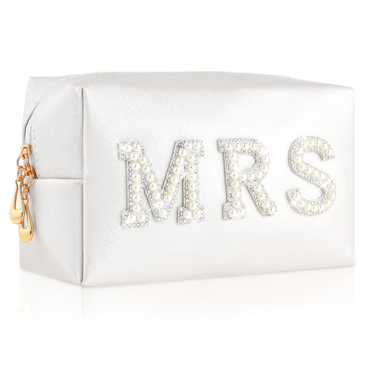 Andibro Bride Patch MRS Letter Makeup Bag, Varsity Letter Cosmetic Toiletry Bag White Pearl Rhinestone Travel Make-Up Bag Waterproof PU Clutch Purse Portable Zipper Organizer for Engagement Gifts