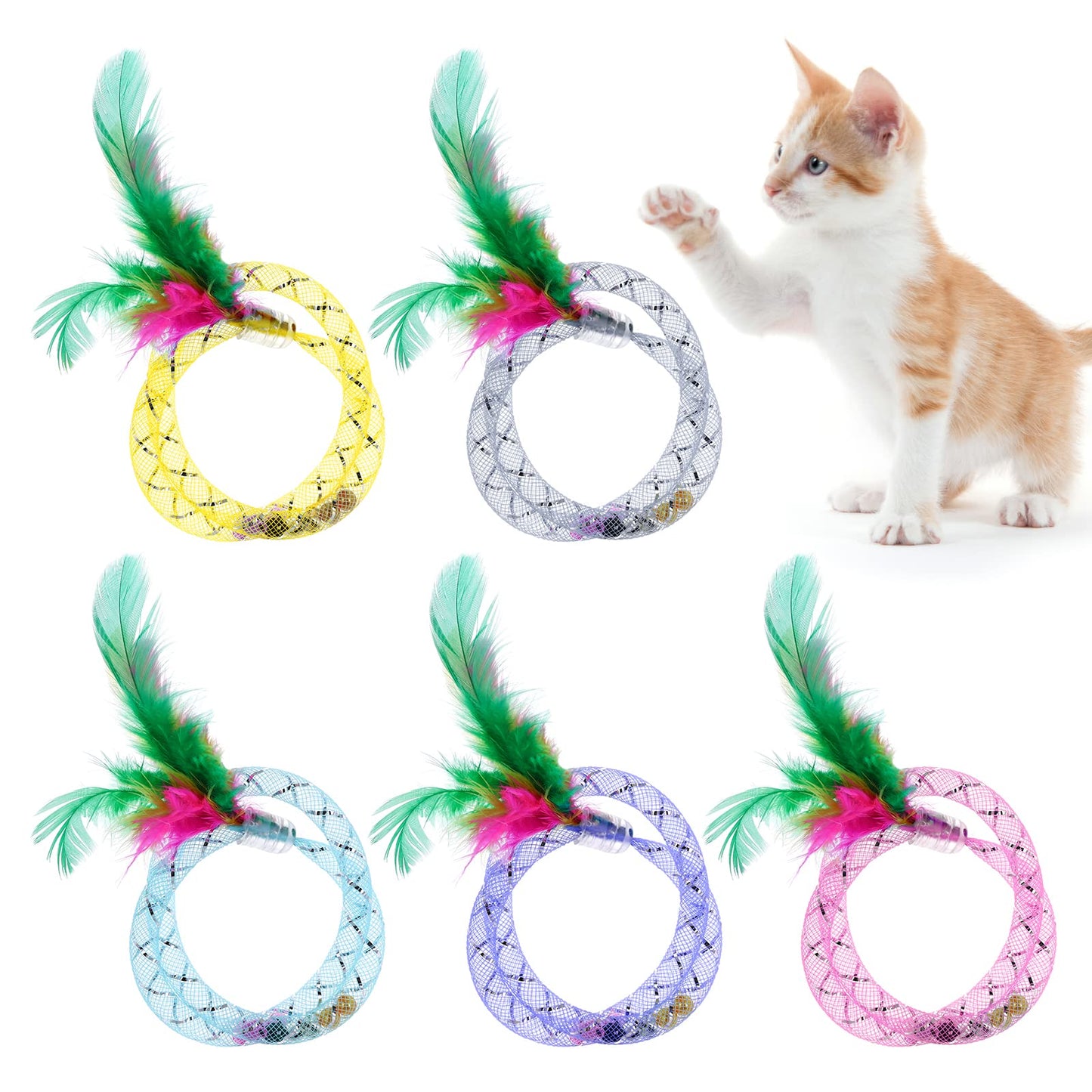 cobee Cat Fearher Toy with Bell, 5 Pieces Interactive Cat Teaser Toy Cat Chaser Toys Feather Toys Interactive Cat Toy for Indoor Cat Kitten