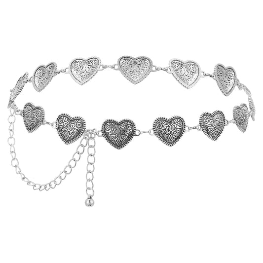 AOZUO Western Heart Chain Belts for Women, Metal Concho Belt Trendy Cowgirl Boho Belt for Country Skirt Jeans Dresses Pants(Silver)