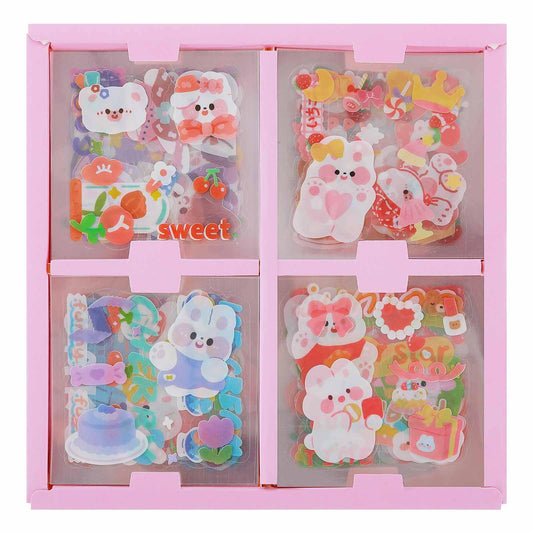 Amaxiu Kawaii Stickers Kit, 100 Sheets Cute Stickers Cartoon Animal Sticker PET Transparent Decorative Sticker Cartoon Rabbit Bear Stickers for Scrapbooking Planner Journals DIY Crafts(Bunny Bear)