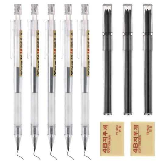 Bewudy 5 PCS 2.0 mm Mechanical Pencil Set, Artist Carpenter Drafting Pencils with 15 PCS 2B Refills & 2 Erasers, Built in Sharpeners Art Marker for Draft Drawing, Writing, Art Sketching