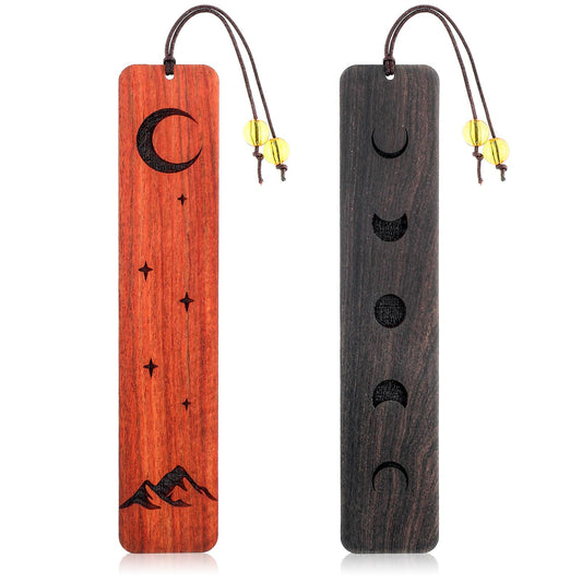 Andibro Wood Bookmark for Book Lovers, 2 Pcs Handmade Natural Wood Carving Bookmarks Vintage Handmade Wooden Book Mark Moon Feather Book Marks Gift for Teacher Women Men Students(B)
