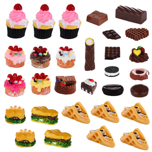 Amaxiu 30PCS Dollhouse Miniature Food Set, Mini Hamburgers Cakes Dessert Model Food Models Play Food Set Pretend Play Food Doll House Decor DIY Crafts Accessories Micro Dollhouse Accessories