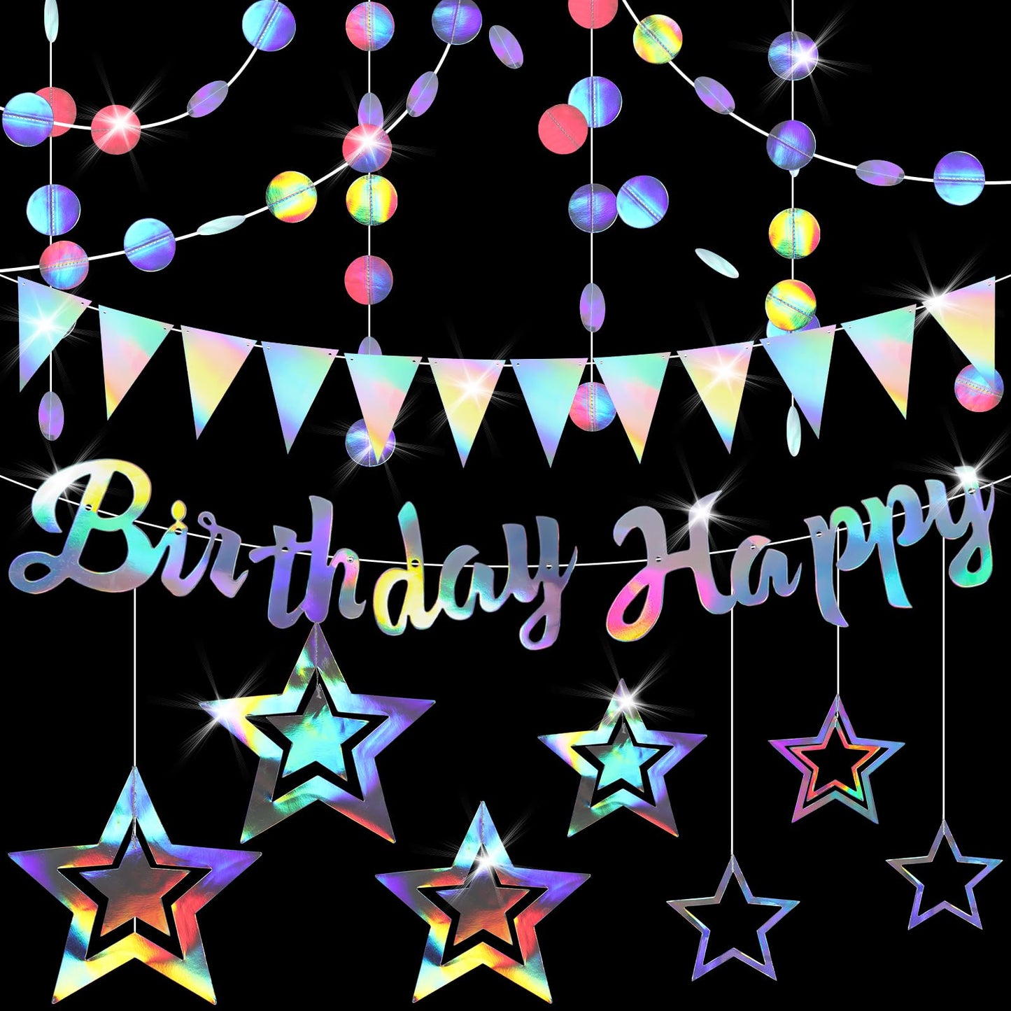 WJIAAA Happy Birthday Garland, Iridescent Birthday Decoration Made of Foil in Silver, Iridescent Bunting, Circle Star Banner, Holographic Iridescent Party Decoration