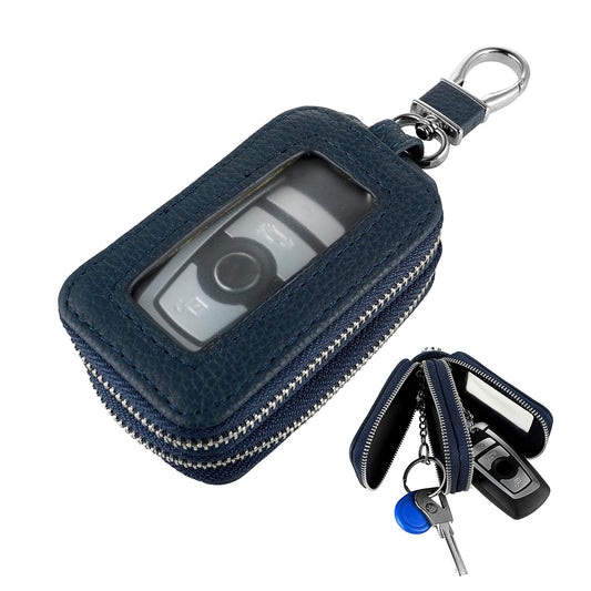 Andibro Genuine Leather Car Key Fob Case, Universal Car Key Cover Double Layer Key Fob Protector Smart Key fob Holder with Keychain & Carabiner Car Accessories Fits Remote Key Fob(Blue)