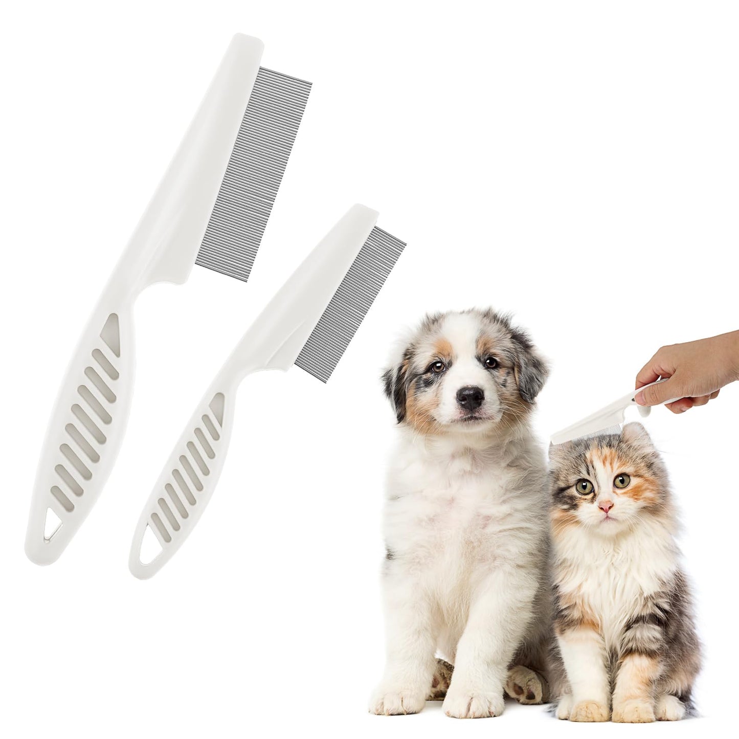 TIESOME Pet Hair Comb Tear Stain Removal,2 Pack Multifunctional Pets Grooming Comb Kit 2 in 1 Dog Combs Stainless Grooming Massage Dual-Sided Comb for Knots Crust Floating Hair Fleas(White)