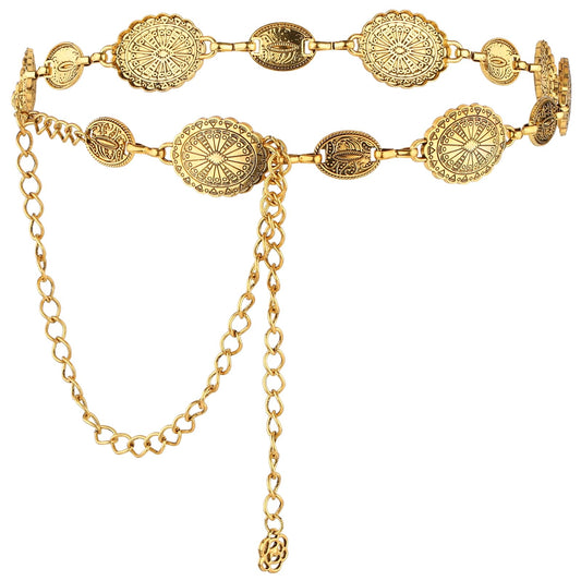 Amabro Women Adjustable Chain Belt Concho Western Cowgirl Waistband Skinny Vintage Dress Belt for Concert Outfit(Gold)