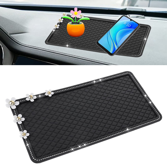 cobee Car Dashboard Non Slip Mats, Glitter Bling Crystal Car Dashboard Pad Universal Car Anti Slip Sticky Gel Pad Washable Car Dashboard Storage Tray for Cell Phone Car Key Sun Glasses (Daisy)