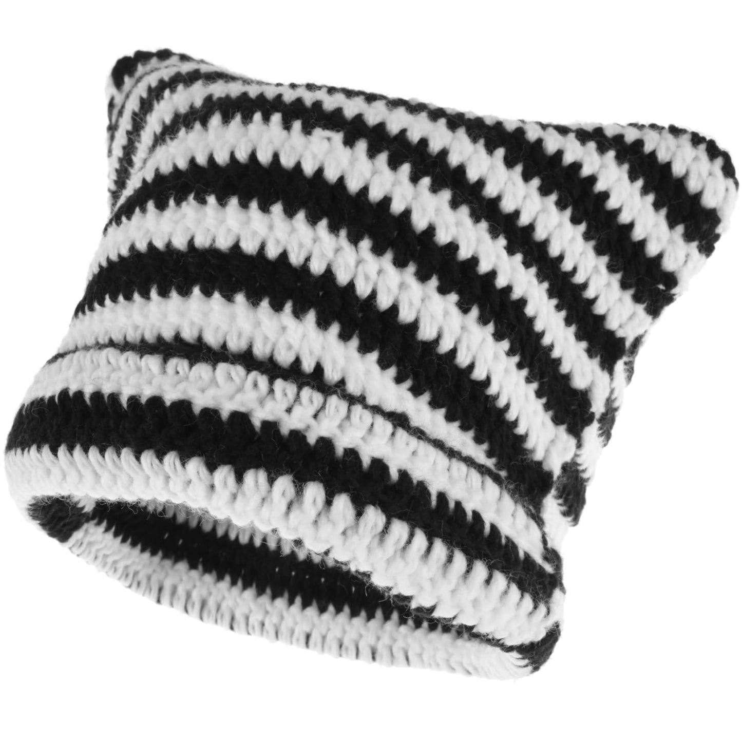 cobee Cute Cat Ear Beanie for Women, Vintage Crochet Hats Cute Winter Knit Beanies Cat Hat Gift for Christmas Birthday (Black+White)