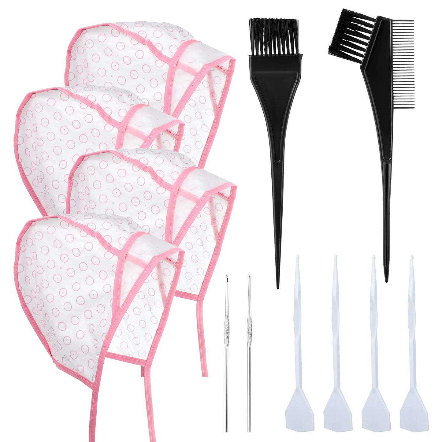 Bewudy 12 Pcs 4 Sets of Highlight Cap with Hooks, Hair Highlighting Caps, Highlight Hair Coloring Frosting Dye Kit for Salon Hair Dyeing Hairdressing (Pink)