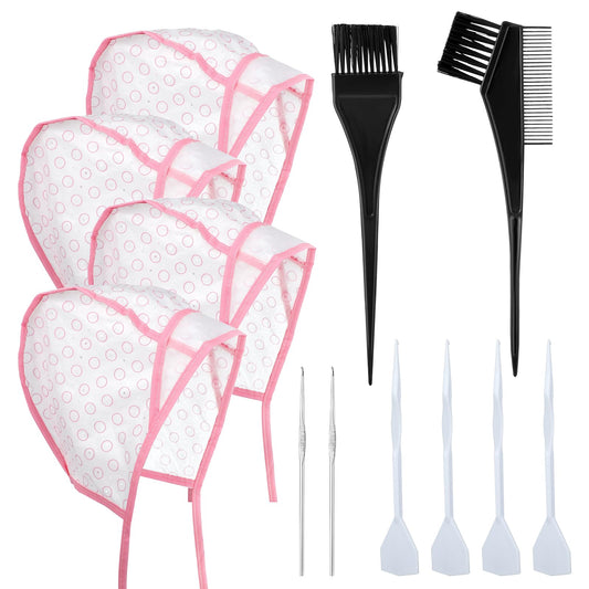 Bewudy 12 Pcs 4 Sets of Highlight Cap with Hooks, Hair Highlighting Caps, Highlight Hair Coloring Frosting Dye Kit for Salon Hair Dyeing Hairdressing (Pink)