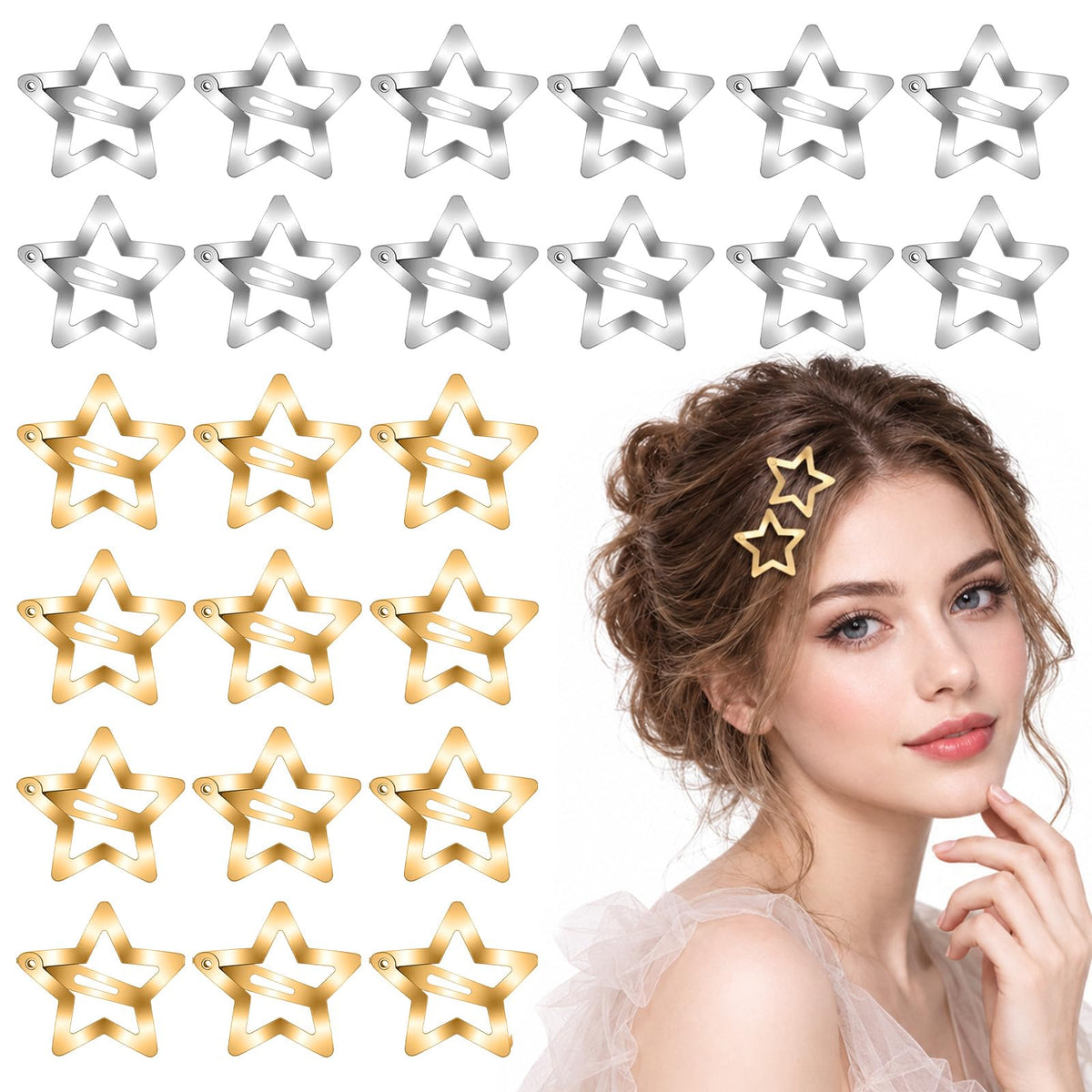 Pack of 50 Star Hair Clips, Silver Gold, Y2K Cute Stars Hair Clips