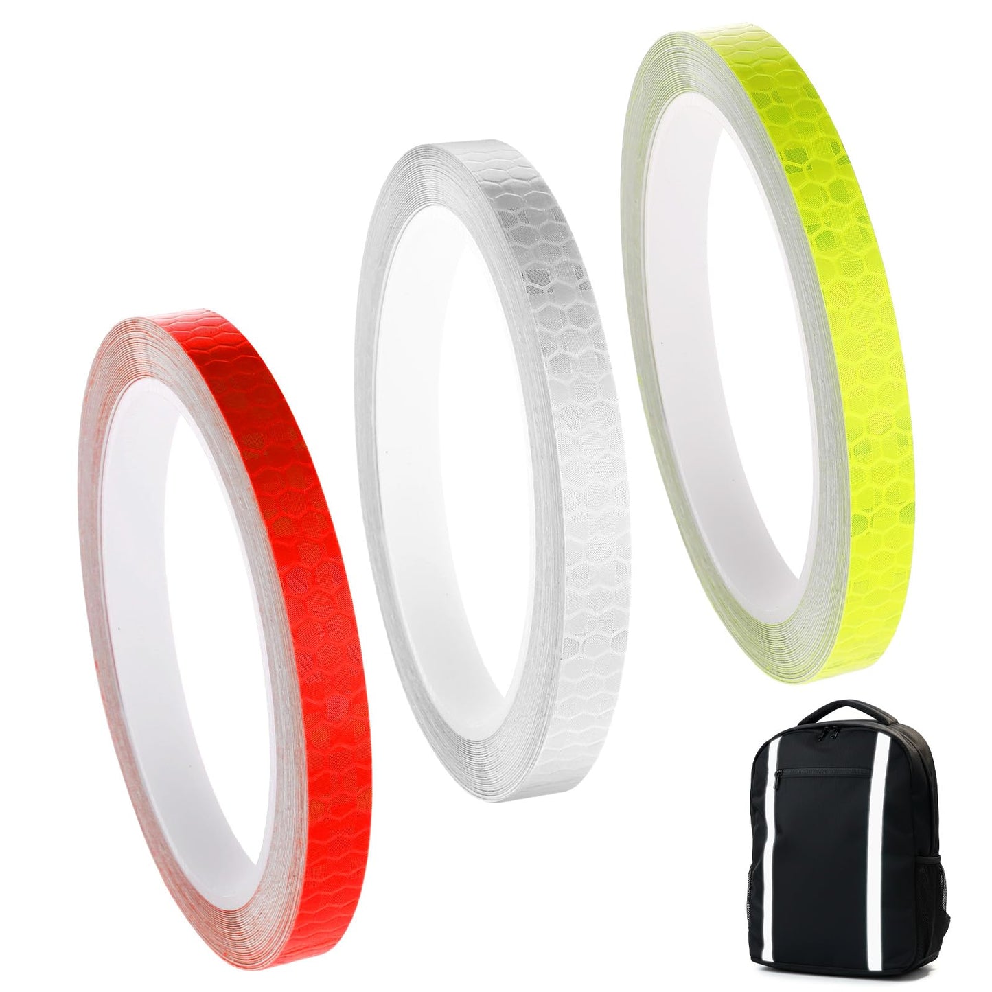WJIAAA 3 Rolls of Reflective Tape, Self-Adhesive, 10 mm x 8 m, Neon Reflector Sticker, Self-Adhesive Waterproof Warning Tape, Can Be Cut to Size for Outdoor Vehicles, Bicycles, Helmets Red, White