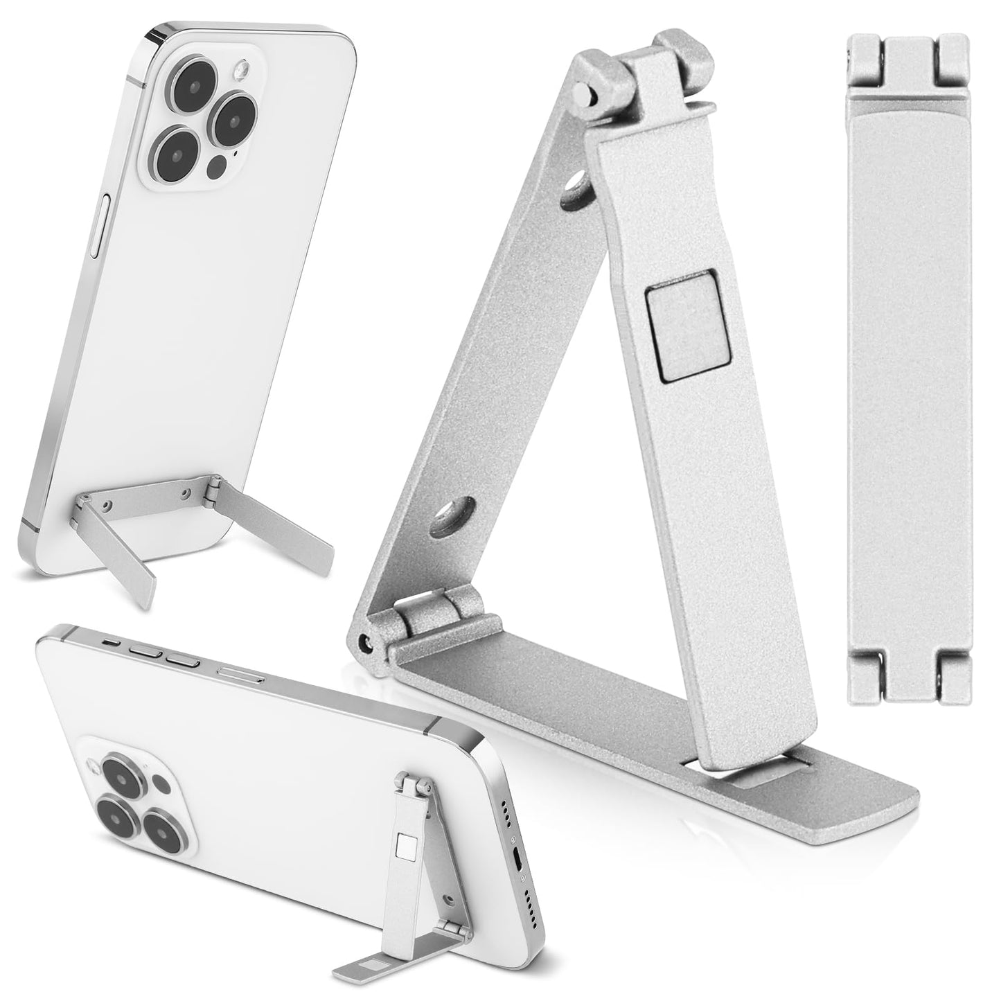 cobee 2 Pcs Mini Phone Kickstand, Ultra-Thin Phone Kickstand Attachment, Vertical and Horizontal Phone Stand, Multi-Angle Cell Phone Metal Kickstand Desk Stand Holder Stick on Back(Silver)