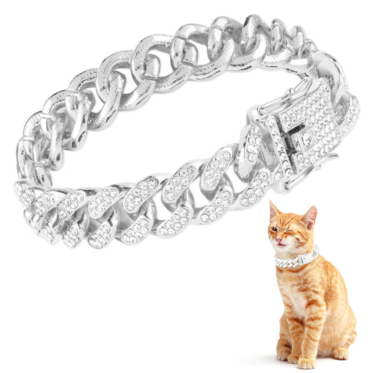 Amabro Diamond Cat Chain Collar, Metal Cuban Link Dog Collar with Secure Buckle 12mm Wide Cat Pet Necklace Chain Pet Collar Jewelry Accessories for Small Medium Dogs Cats Puppy Kittens 8inch(Silver)