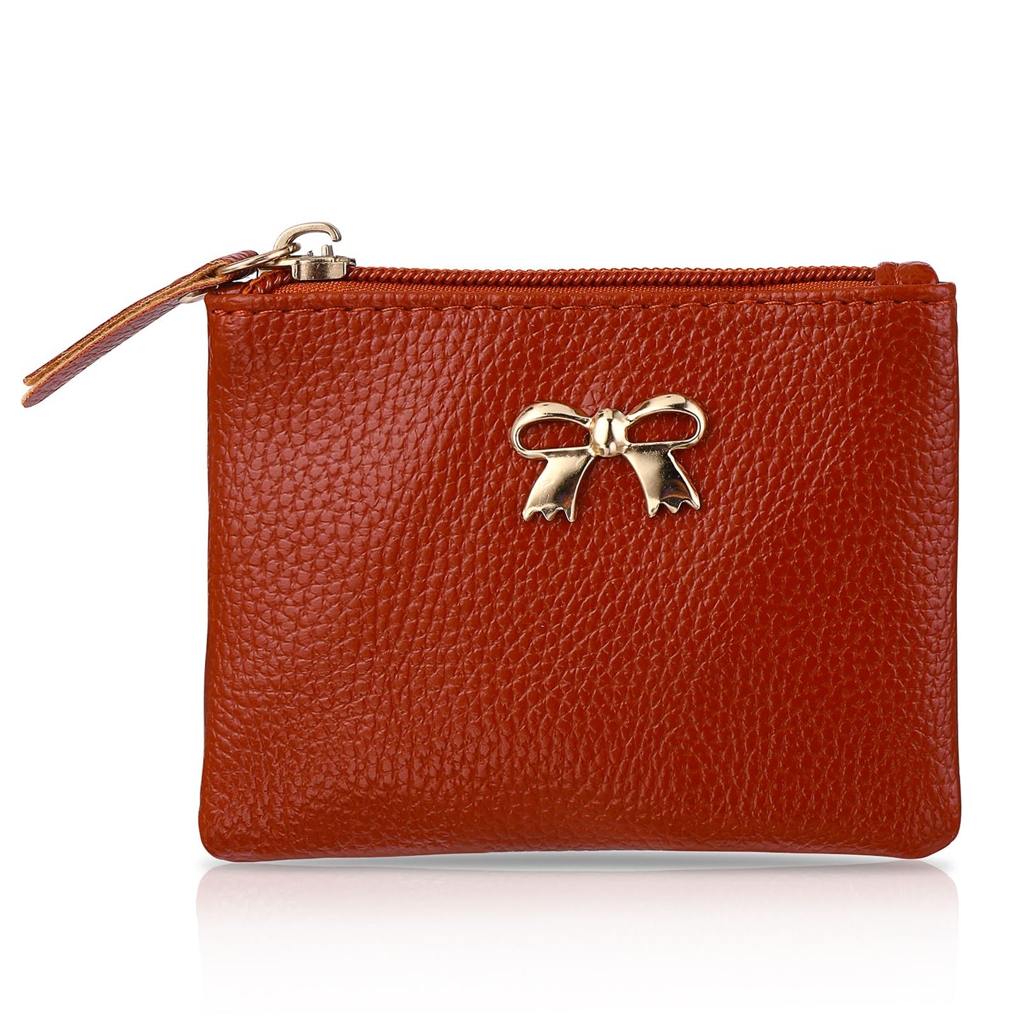 simarro Coin Purse, Vegan Leather Bow Lychee Pattern Zipper Coin Purse Portable Change Wallet Mini Coin Pocket for Men Women Credit Card ID Key Headset Lipstick(Brown)