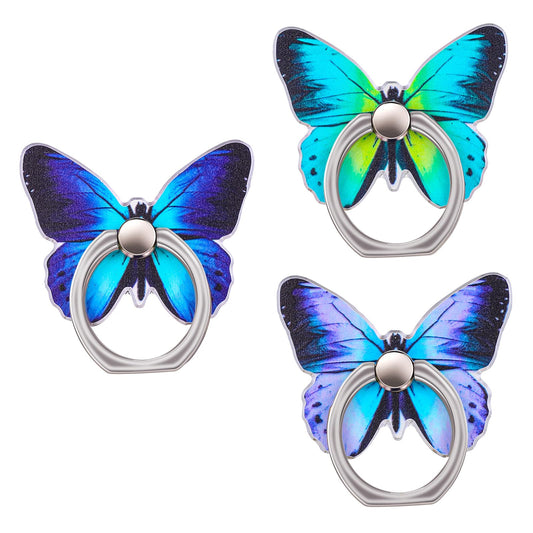 AOZUO 3 PCS Cell Phone Ring Stand Holder, Cute Butterfly Painted Pattern Metal Finger Kickstand 360 Degrees Rotation Ring Holder Grip with Knob Loop Compatible with All Smartphones Tablet (Color A)