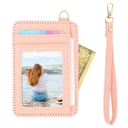 Giantree Slim Minimalist Front Pocket Wallet, Slim Wallet Credit Card Holder with ID Window D-Shackle Keychain Removable Lanyard Strap for Women and Men(Pink)