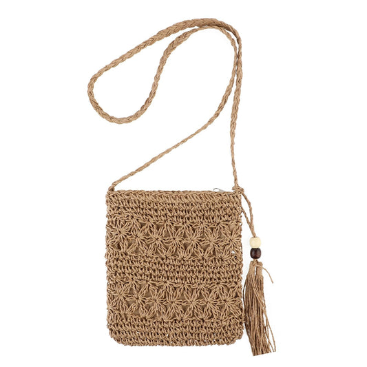 Bewudy Straw Bag for Women, Woven Crochet Bags with Tassel, Handmade Handle Tote Bag with Zipper Handbags, Holiday Summer Beach Bags for Women Crossbody Bag (Brown)
