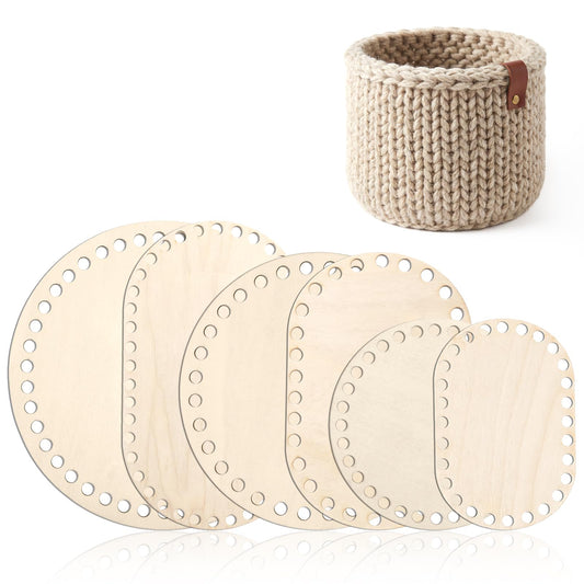 Cobee 6 Pcs Wooden Basket Bottom for Crocheting, Oval Circle Blank Crochet Baskets Wood Base, 6 Sizes Basket Weaving Supplies for DIY Craft Weaving Making Supplies
